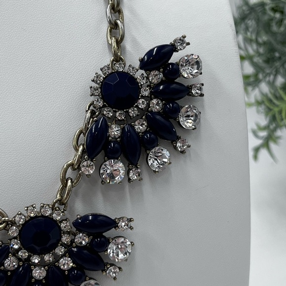 J. Crew Navy Blue and Clear Rhinestone Triple Fan Statement Bib Necklace - Picture 5 of 16